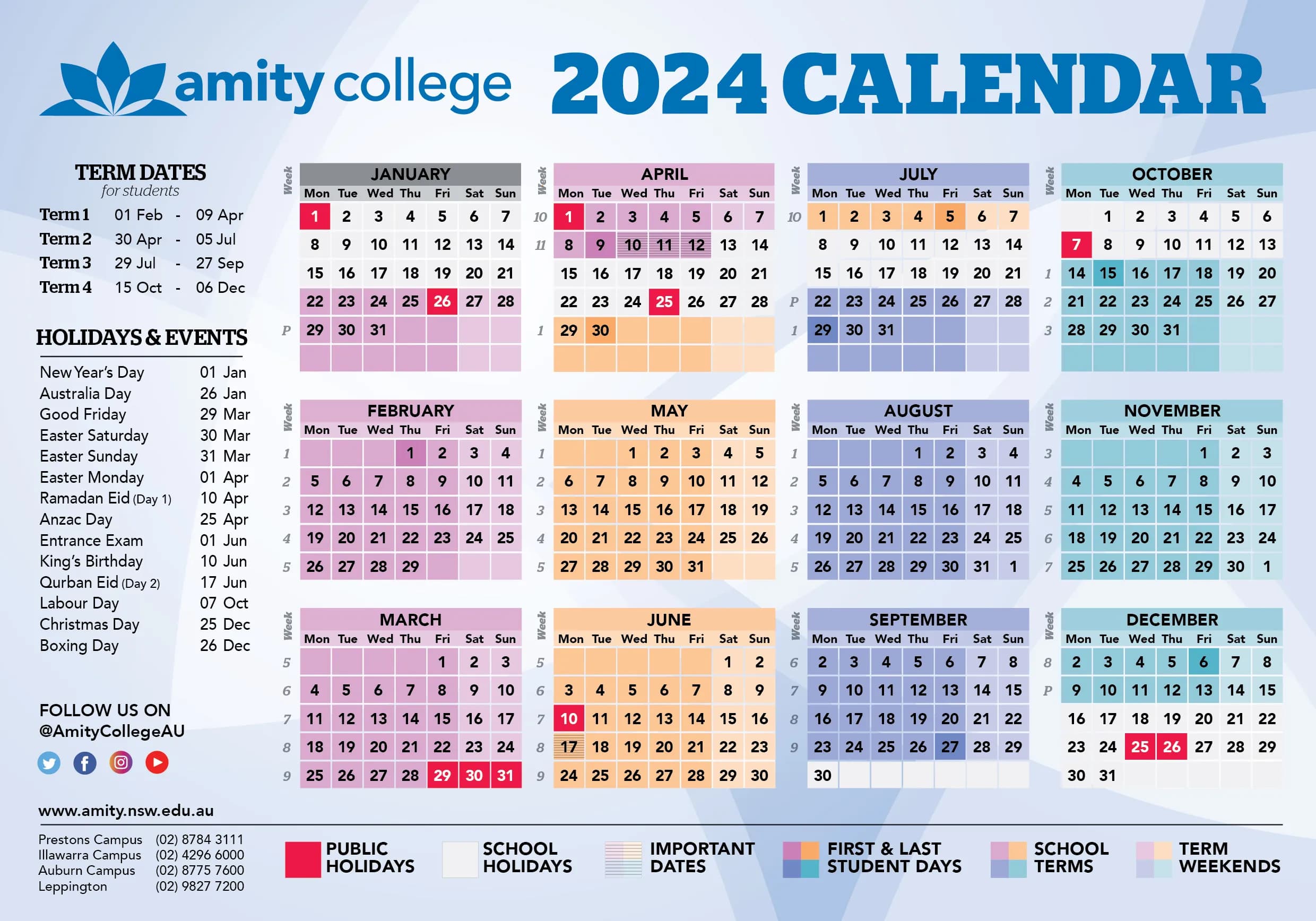 Amity College School Calendar 2025