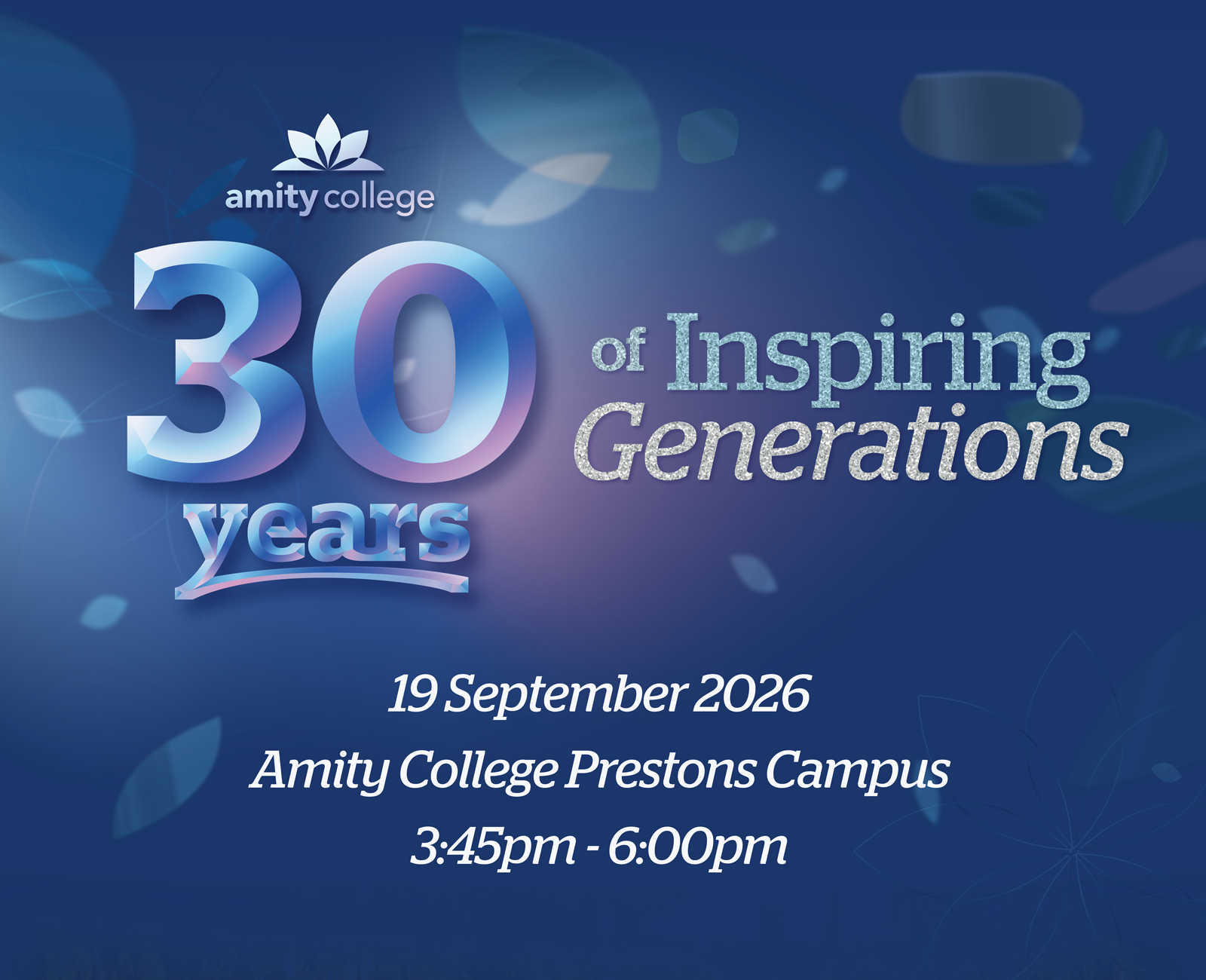 Amity College 30 Year Anniversary Event Details - Add to Calendar